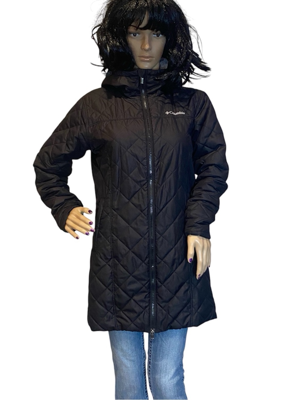 Women's Columbia Copper Crest Long Jacket Coat Quilted Hood Black Sz Medium EUC